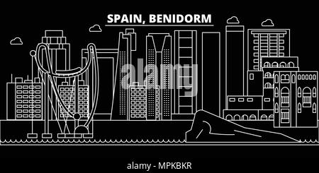 Benidorm silhouette skyline. Spagna - Benidorm città di vettore, spagnolo architettura lineare, edifici. Benidorm travel illustrazione, delineare i punti di riferimento. Spagna icona piana, spagnolo banner di linea Illustrazione Vettoriale