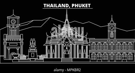 Phuket silhouette skyline. Thailandia - Phuket città di vettore, tailandese architettura lineare, edifici. Phuket travel illustrazione, delineare i punti di riferimento. Thailandia icona piana, tailandese banner di linea Illustrazione Vettoriale