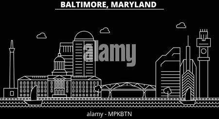Baltimore silhouette skyline. Stati Uniti d'America - vettore di Baltimore city, american architettura lineare, edifici. Baltimore travel illustrazione, delineare i punti di riferimento. USA L'icona piana, linea americana banner Illustrazione Vettoriale