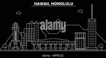 Silhouette di Honolulu skyline. Stati Uniti d'America - vettore di Honolulu city, american architettura lineare, edifici. Viaggi Honolulu illustrazione, delineare i punti di riferimento. USA icone piana, linea americana banner Illustrazione Vettoriale