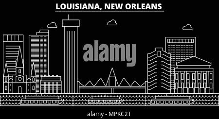 New Orleans silhouette skyline. USA - New Orleans City vettore, american architettura lineare, edifici. New Orleans travel illustrazione, delineare i punti di riferimento. USA icone piana, linea americana banner Illustrazione Vettoriale