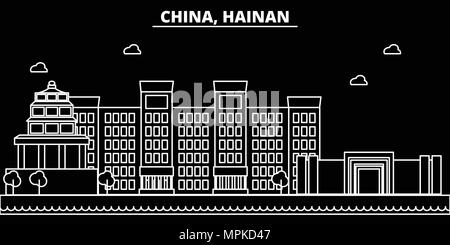 Silhouette di Hainan skyline. Cina - Hainan città di vettore, cinese architettura lineare, edifici. Linea di Hainan illustrazione di viaggio, punti di riferimento. Cina icona piana, cinese schema di progettazione banner Illustrazione Vettoriale