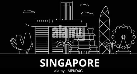Silhouette di Singapore skyline. Cina - Singapore città di vettore, cinese architettura lineare, edifici. Singapore travel illustrazione, delineare i punti di riferimento. Cina icona piana, linea cinese banner Illustrazione Vettoriale