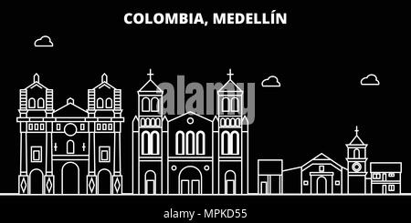 Medellin silhouette skyline. Colombia - vettore di Medellín città colombiana di architettura lineare, edifici. Linea di Medellin illustrazione di viaggio, punti di riferimento. Colombia icona piatto colombiano, schema di progettazione Illustrazione Vettoriale