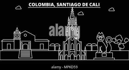 Santiago de Cali skyline. Colombia - Santiago de Cali vettore, città colombiana di architettura lineare. Santiago de Cali travel illustrazione, delineare i punti di riferimento. Colombia icona piatto colombiano, banner di linea Illustrazione Vettoriale