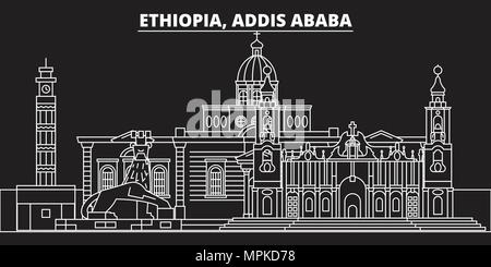 Addis Abeba silhouette skyline. Etiopia - Addis Abeba città di vettore, etiope architettura lineare, edifici. Addis Abeba travel illustrazione, delineare i punti di riferimento. Icona di Etiopia, etiope banner di linea Illustrazione Vettoriale