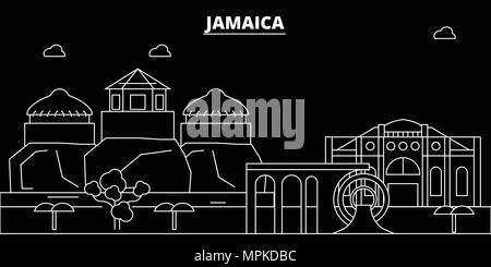 Giamaica silhouette skyline, città di vettore, giamaicano architettura lineare, edifici. Giamaica travel illustrazione, delineare i punti di riferimento, le icone di Piana, giamaicano banner di linea Illustrazione Vettoriale