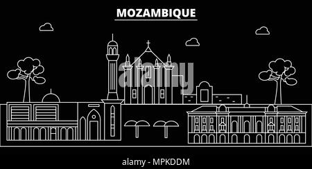 Mozambico silhouette skyline, vettore città lineare mozambicano di architettura, edifici. Mozambico travel illustrazione, delineare i punti di riferimento, le icone di Piana, mozambicano banner di linea Illustrazione Vettoriale