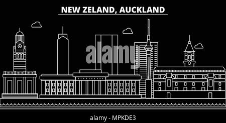 Auckland silhouette skyline. Nuova Zelanda - vettore di Auckland City, Nuova Zelanda architettura lineare. Auckland travel illustrazione, delineare i punti di riferimento. Nuova Zelanda le icone di Piana, Nuova Zelanda banner di linea Illustrazione Vettoriale