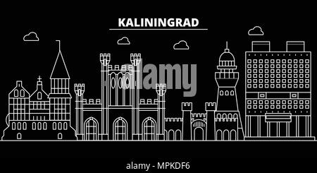 Della città di Kaliningrad skyline di silhouette. Russia - Kaliningrad città città di vettore, russo architettura lineare. Della città di Kaliningrad illustrazione di viaggio, delineare i punti di riferimento. In Russia le icone di Piana, linea russo banner Illustrazione Vettoriale