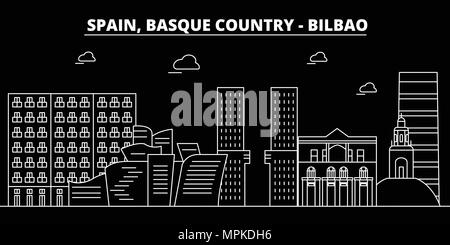 Bilbao, Paese Basco silhouette skyline,città di vettore, spagnolo architettura lineare, edifici. Bilbao, Paese Basco travel illustrazione, delineare i punti di riferimento. In Spagna le icone di Piana, spagnolo banner di linea Illustrazione Vettoriale