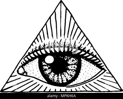 Viso dettagliati. seeing eye nel triangolo. Fashion Tattoo artwork per ragazze. Incisi disegnati a mano nel vecchio schizzo vintage. Vettore illustrazione surreale, badge, stampa per t-shirt. Illustrazione Vettoriale