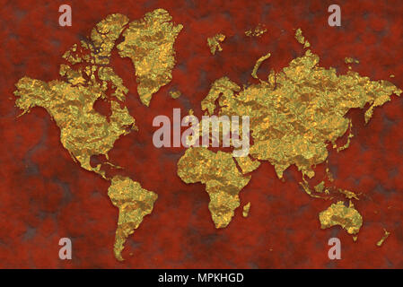 Mappa di golden-mondo placcato, superfici dorate. Mondo Mondo Mappa appoggiata su un sfondo arrugginito Foto Stock