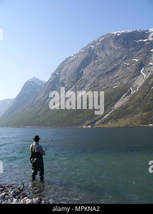 La pesca con la mosca Kjosnesfjord Jolster Sogn og Fjordane Norvegia Norge Norwegen Foto Stock