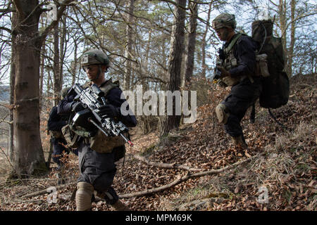 Membri della truppa di Bull, 1° Stormo, 2° Cavalleria innestare una forza multinazionale mentre prendendo parte ad un rapido esercizio di distribuzione durante la Allied spirito vi alla multinazionale comune centro Readiness, Hohenfels Area Formazione, Germania, 25 marzo 2017. Bull truppa, 1° Stormo, 2° cavalleria è un Regimental pronta Task force in grado di distribuire qualsiasi dove in Europa con in 96 ore. Allied spirito vi è un settimo Esercito di formazione comando, U.S. Army Europe - diretto esercizio di multinazionali. (U.S. Esercito foto di Sgt. William Frye) Foto Stock