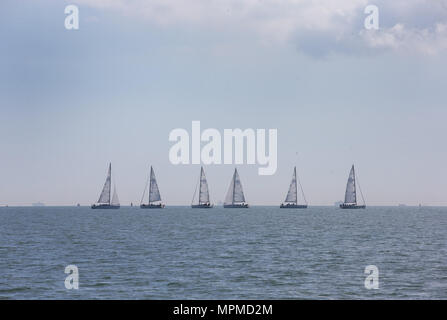 Una flotta di barche in treno Il Solent off l'Isola di Wight Foto Stock