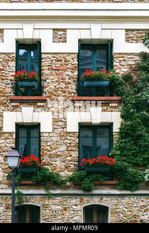 Quattro finestre sullo sfondo di una parete di pietra rossa, decorato con fiori di colore rosso geranio. Foto Stock