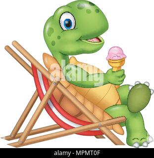 Cartoon turtle seduto sulla sedia di spiaggia e di trattenimento di un gelato Illustrazione Vettoriale