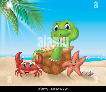 Cartoon animali marini rilassarsi sulla spiaggia Illustrazione Vettoriale