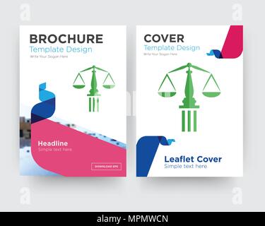 Scale di giustizia brochure flyer design modello astratto con sfondo fotografico, tendenza minimalista business corporate roll up o relazione annuale Illustrazione Vettoriale