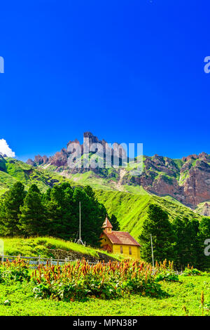 Vista sulle aspre montagne e prati verdi da Alpe di Siusi in Alto Adige Foto Stock