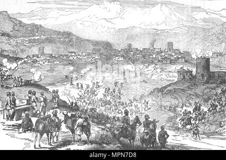 "Attacco a una città Afreedi', C1880. Artista: sconosciuto. Foto Stock