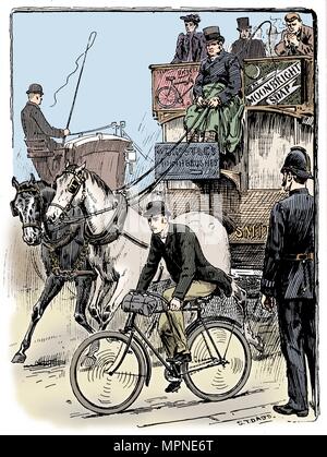 Ciclista nella trafficata e traffico di Londra in sella a una macchina di Rover tipo di sicurezza, 1895. Artista: Stephen Dadd T. Foto Stock