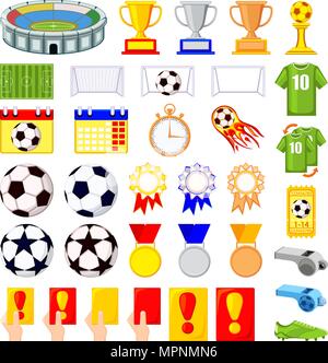 35 elementi calcio cartoon colorati set. Sport illustrazione vettoriale per icona segno di adesivo, patch, certificato badge, carta regalo, timbro logo, etichette, pos Illustrazione Vettoriale