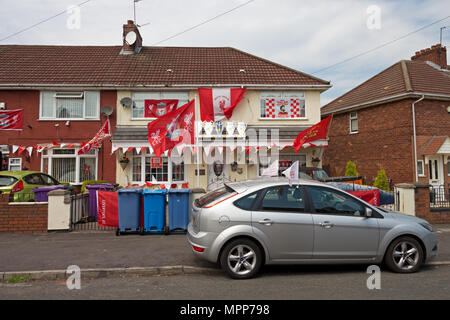 Liverpool, Regno Unito. Xxiv Maggio, 2018. Tifosi del Liverpool case in Merseyside decorate con le bandiere e gli striscioni prima della finale di Champions League match contro il Real Madrid di sabato 26 maggio. Credito: ken biggs/Alamy Live News. Foto Stock