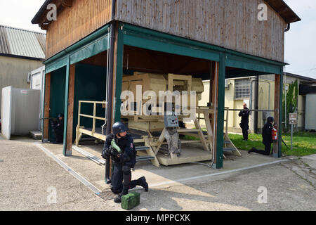 I carabinieri italiani del 7° Reggimento "Laives" e del 13° Reggimento "Friuli Venezia Giulia" condussero esercitazioni HMMWV Egress Assistance Trainer a Caserma Ederle, Vicenza, Italia, il 6 aprile 2017. La formazione si è concentrata sulle procedure di uscita di emergenza, esercitazioni tattiche e preparazione operativa. I sistemi RTSD South dell'esercito statunitense sono stati utilizzati per rafforzare la cooperazione bilaterale e preparare il personale per operazioni congiunte con le forze alleate. Foto Stock