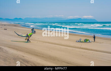 Warrenton, Oregon, Stati Uniti d'America - 30 Maggio 2014: windsurf prendersi cura e partecipando alle loro schede su e ventilato in spiaggia a piedi. Steven parco dello stato su dell'Oregon Coast Foto Stock