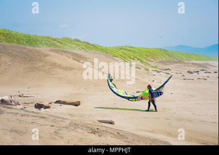 Warrenton, Oregon, Stati Uniti d'America - 30 Maggio 2014: un windsurf porta il suo bordo fino dal vento in spiaggia a piedi. Stevens parco dello stato sulla costa dell'Oregon. Foto Stock