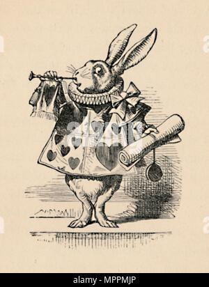 'Un coniglio come funzionario del tribunale a soffiare una tromba per un annuncio", 1889. Artista: John Tenniel. Foto Stock