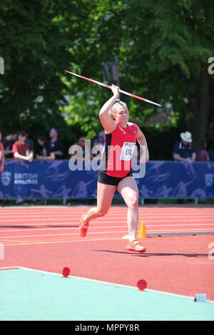 La Loughborough, Inghilterra, 20th, Maggio, 2018. Sophie Percival competere nel femminile giavellotto durante la LIA Loughborough internazionale annuale di atletica Foto Stock