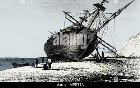 HMS Beagle "" di cui a terra, Rio di Santa Cruz, Patagonia, Sud America, 1834 (1839). Artista: sconosciuto. Foto Stock