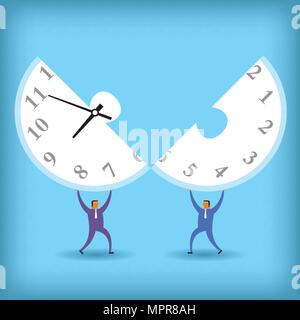 Conteggio di tempo concept design. Due imprenditori tenere premuto su un orologio puzzle. Illustrazione Vettoriale