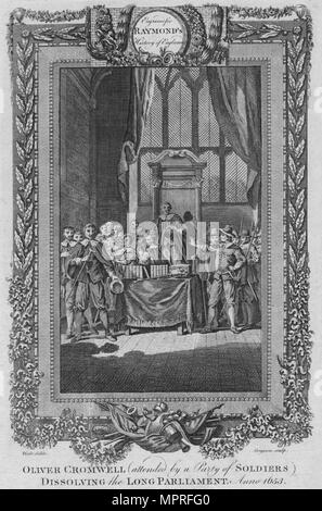 "Oliver Cromwell (presidiata da una città di soldati) sciogliendo il parlamento molto. Anno 1653', C1787. Artista: sconosciuto. Foto Stock