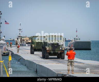 POHANG, Repubblica di Corea (13 aprile 2017) - i soldati, attaccato al 331 società di trasporti e marines, fissata per il 3° supporto trasporto battaglione, trasferire il carico sull'esercito Trident pier durante il funzionamento del pacifico esercizio di raggiungere 2017 (OPRex17). OPRex17 è un accordo bilaterale per l'evento di formazione progettati al fine di garantire la preparazione e sostenere la Rok-STATI UNITI Alliance esercitando un'area Distribution Center (ADC), un terminale Aria punto di alimentazione (ATSP), Combined Joint Logistics Over-the-Shore (CJLOTS), e l'uso della ferrovia, vie di navigazione interna e costiera operazioni di sollevamento per convalidare il funzionamento concetto reach. Foto Stock