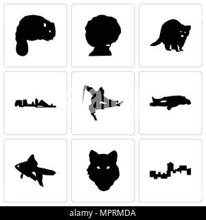 Set di 9 semplici icone modificabile come montana, faccia Wolf, goldfish, gesso, ninja, Wisconsin, raccoon, afro, castoro, può essere usato per il mobile, web Illustrazione Vettoriale