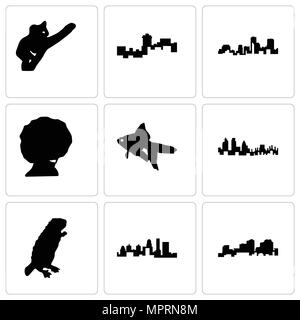 Set di 9 semplici icone modificabile come louisiana, Stato del Kentucky, castoro, Londra, goldfish, afro, montana, koala, può essere usato per il mobile, web Illustrazione Vettoriale