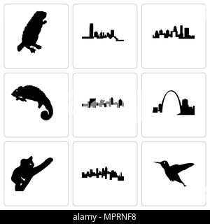 Set di 9 semplici icone modificabile come colibrì, minnesota, koala, Missouri, Giamaica, chameleon, Stato del Kentucky, Oklahoma, castoro, può essere utilizzata per Illustrazione Vettoriale