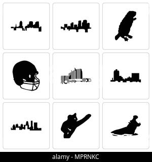 Set di 9 semplici icone modificabile come Ippona, koala, Stato del Kentucky, montana, semi carrello, casco da football americano, castoro, Arkansas, , può essere usato per il mobile, Illustrazione Vettoriale