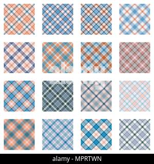 Plaid patterns raccolta, 16 seamless disegni tartan, blu chiaro e sfumature rosse Illustrazione Vettoriale