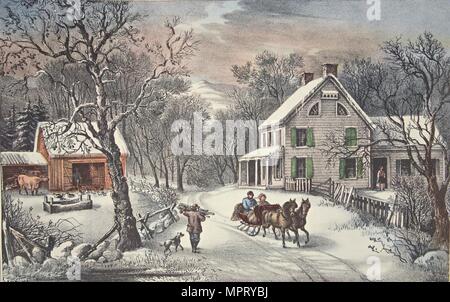 American Homestead - Inverno, pub. 1868, Currier & Ives (Litografia a colori) Foto Stock