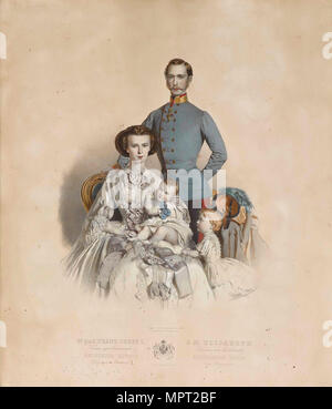 Francesco Giuseppe I ed Elisabetta d'Austria con bambini, Gisela e Rudolf. Foto Stock