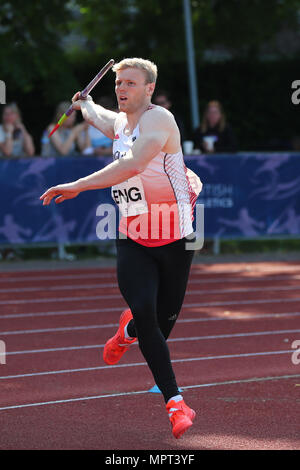 La Loughborough, Inghilterra, 20th, Maggio, 2018. Joe Dunderdale concorrenti negli uomini del giavellotto durante la LIA Loughborough Internazionale di Atletica Leggera mi annuale Foto Stock