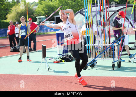 La Loughborough, Inghilterra, 20th, Maggio, 2018. Joe Dunderdale concorrenti negli uomini del giavellotto durante la LIA Loughborough Internazionale di Atletica Leggera mi annuale Foto Stock