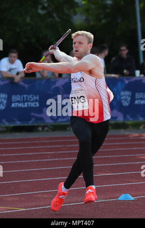 La Loughborough, Inghilterra, 20th, Maggio, 2018. Joe Dunderdale concorrenti negli uomini del giavellotto durante la LIA Loughborough Internazionale di Atletica Leggera mi annuale Foto Stock