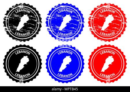 Libano - timbro di gomma - vettore, Repubblica libanese mappa pattern - adesivo - nero, blu e rosso Illustrazione Vettoriale