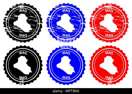 Iraq - timbro di gomma - vettore, Repubblica dell'Iraq mappa pattern - adesivo - nero, blu e rosso Illustrazione Vettoriale